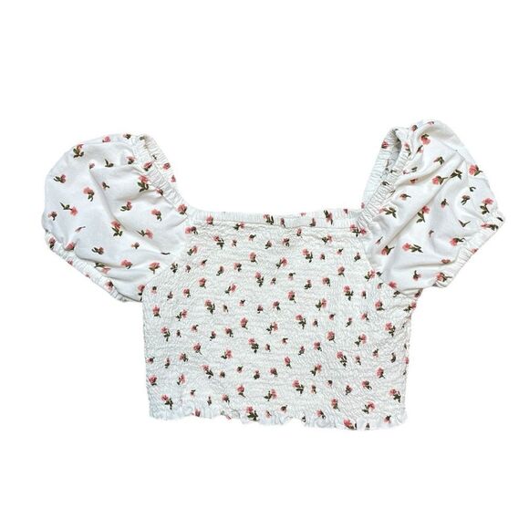 AMERICAN EAGLE Smocked Puff Sleeve Crop Top White Size Medium - Picture 2 of 6